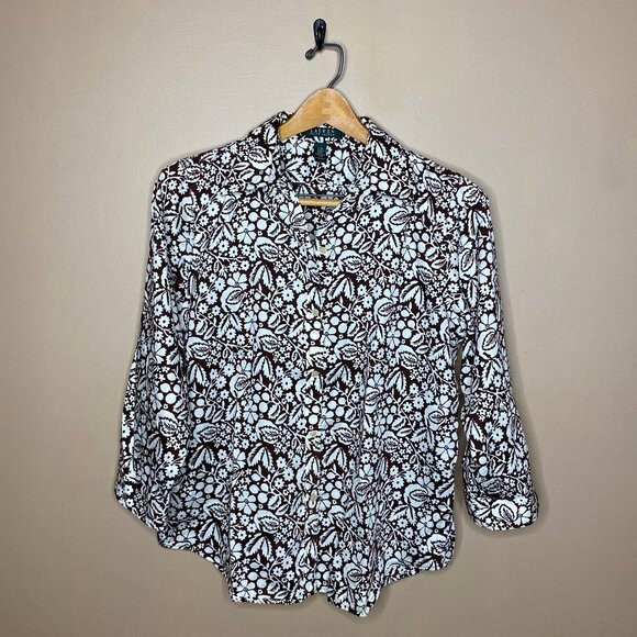 Old Money Vibe Ralph Lauren Brown & White Print 100% Cotton Lightweight Shirt - Picture 5 of 8